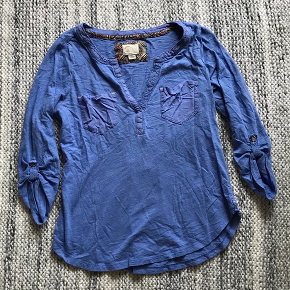 ANTHROPOLOGIE Blue V-neck ¾ Sleeve Tee Size XS - Picture 1 of 8